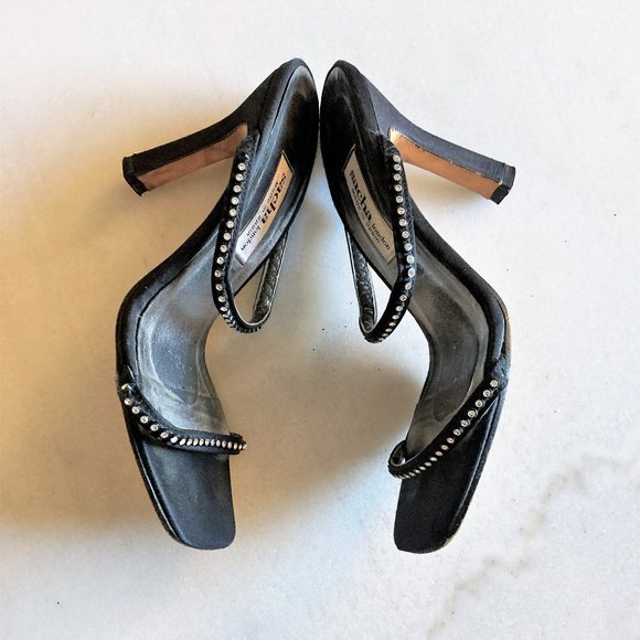 Vintage Sacha London black rhinestone high heel shoes / sandals, square toe, 90s - Picture 1 of 8